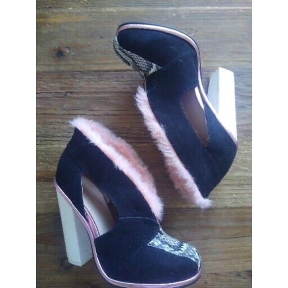 ASOS Vintage Retro Glam 2015 Chunk Heel Snakeskin Pink Fur Accent MCM Art Deco - Picture 1 of 6